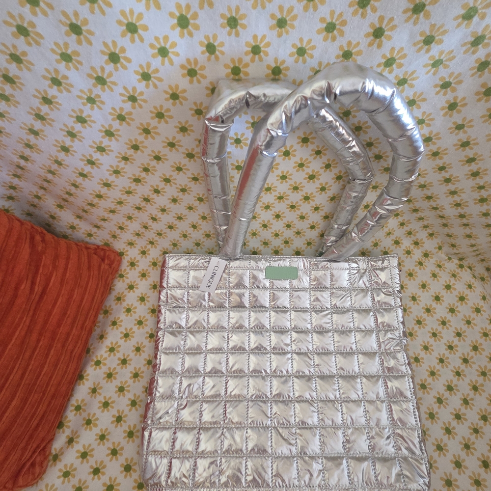 New Clinique Metallic Silver Quilted Tote